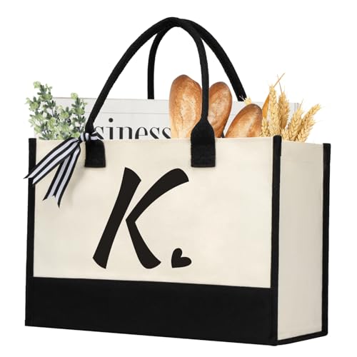 shenee Initial Canvas Tote Bag, Personalized Beach Jute Bag Present for Women Holiday, Friends Birthday Gift, Beach, Wedding (Letter K) - Image 1