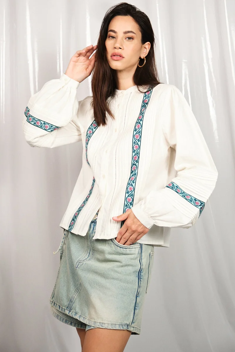 فيرجيو Cotton Jaipur Brunchwear Block Print Pin Tuck Tops for Women
