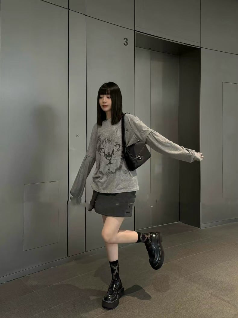 Jimo in stock 24 Early Autumn openyy Fake Two-piece Long-sleeved T-shirt Fashion Brand Cat Printing Stitching Long-sleeved T-shirt Top - Image 4