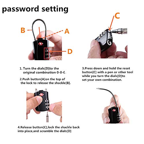YSSHUI TSA Locks, Digit Combination Padlockss and Steel Cable Combination Travel Security Lock, Coded Lock for Baggage Travel Bag, Suit Case, Gym, Bike Locks (TSA Luggage Locks-2) - Image 3