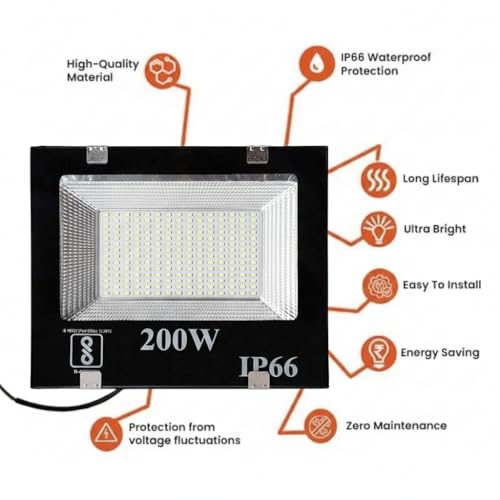 Desidiya® 200W Led Flood Light, IP66 Waterproof Led Lights with 120° Wide Beam | Halogen Light, Focus Led Lamp Light for Yard, Showroom, Shop, Factory, Warehouse, Temple, Tent (Cool White)-Pack of 1 - Image 5
