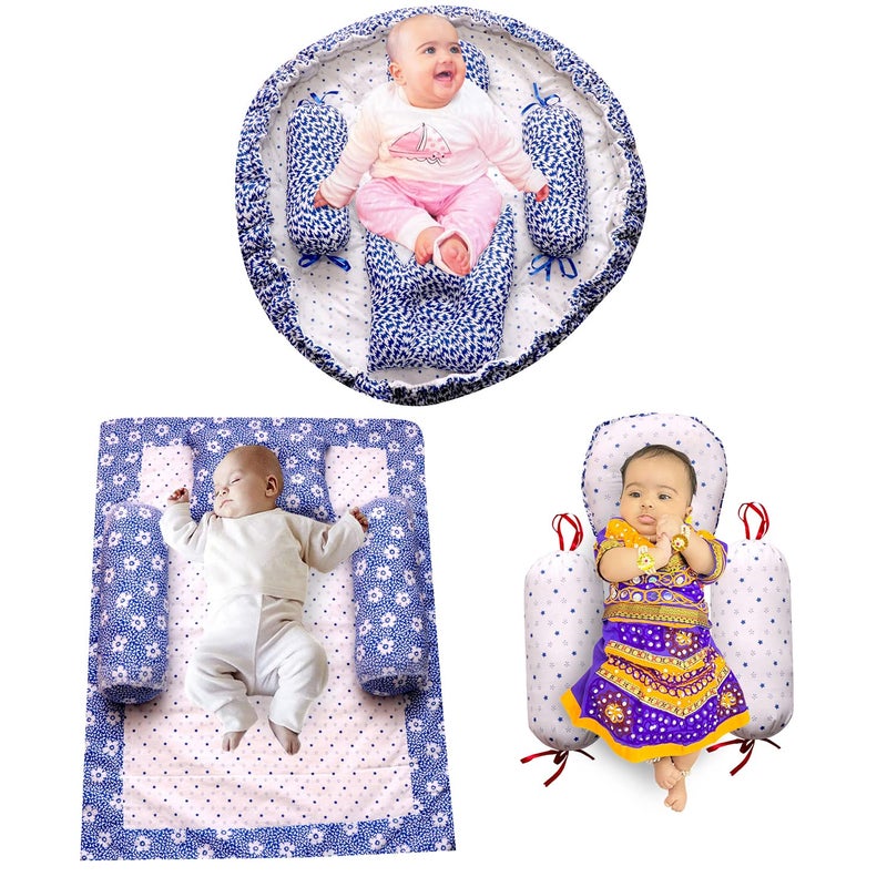 creative textiles New Born Baby Bed & Sleeping Combo 3 Gift Set (Blue Flower Printed)-03 - Image 1