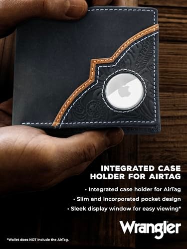 Wrangler Men’s Bifold Slim RFID Blocking Wallet, Genuine Leather, Casual Everyday 11-22 Card Capacity with AirTag Holder Window (Black) - Image 2