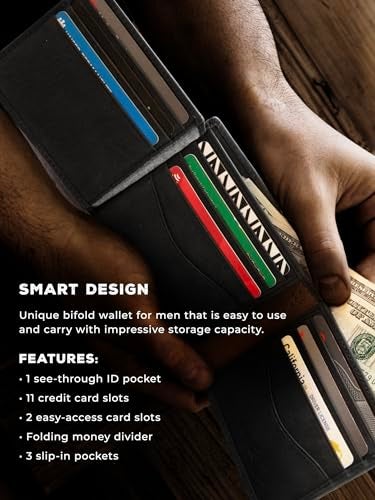 Wrangler Men’s Bifold Slim RFID Blocking Wallet, Genuine Leather, Casual Everyday 11-22 Card Capacity with AirTag Holder Window (Black) - Image 5