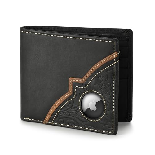 Wrangler Men’s Bifold Slim RFID Blocking Wallet, Genuine Leather, Casual Everyday 11-22 Card Capacity with AirTag Holder Window (Black) - Image 1