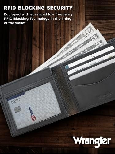 Wrangler Men’s Bifold Slim RFID Blocking Wallet, Genuine Leather, Casual Everyday 11-22 Card Capacity with AirTag Holder Window (Black) - Image 3