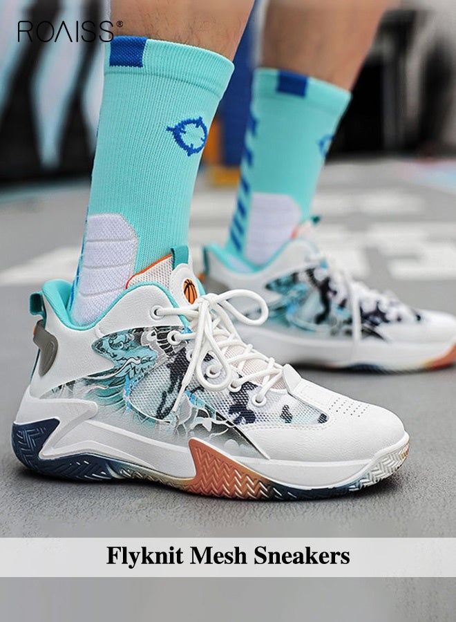 رويس حذاء رياضي أنيق برقبة عالية للرجال، خفيف الوزن وجيد التهوية، برباط مانع للانزلاق، حذاء كرة سلة ماص للصدمات ببطانة ناعمة، مناسب للارتداء اليومي والجري والأنشطة الخارجية، حذاء رياضي أبيض بتصميم متداخل الألوان - Image 1