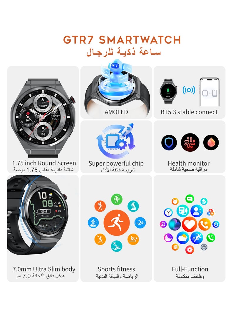 G-TAB Men's Smart Watch, Bluetooth Calling Smartwatch, AMOLED Full Touch Screen, AI Voice Assistant, Heart Rate Monitor, SpO2 & Sleep Tracking, Fitness Tracker, Notifications, 30 Days Standby Battery, 7mm Slim Design, Black - Image 2