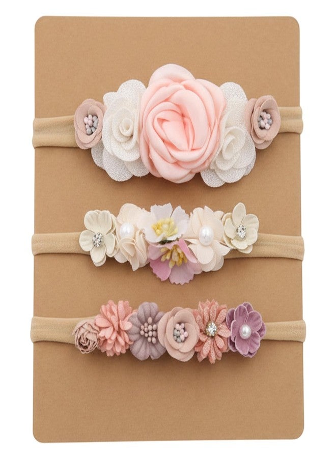 SYGA 3 Pack Baby Girl Floral Headbands – Soft Stretchable Nylon Flower Comfortable Elastic Hairbands for Newborns, Infants & Toddlers 0-3 Years (Design-3) - Image 1