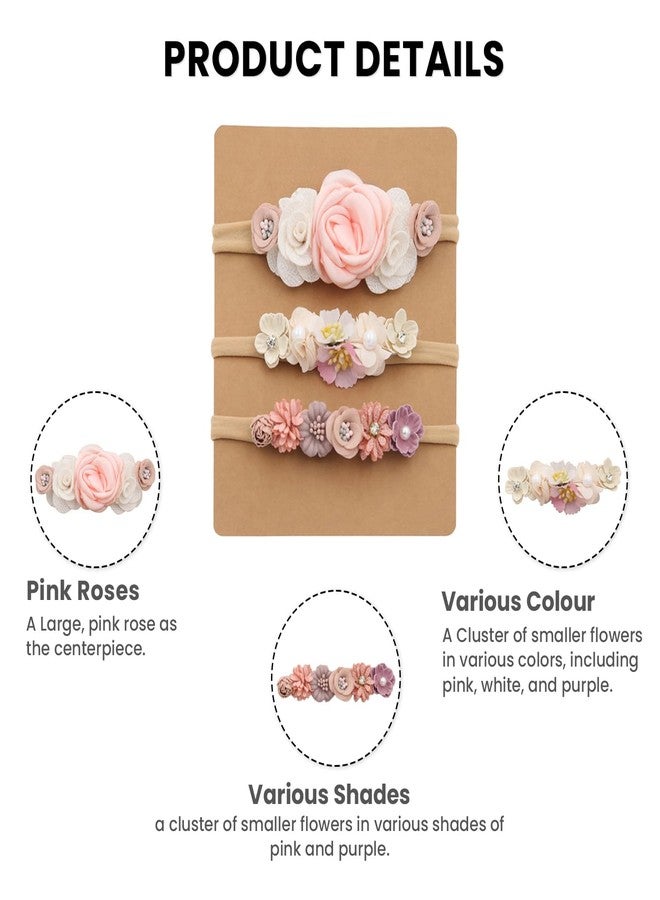 SYGA 3 Pack Baby Girl Floral Headbands – Soft Stretchable Nylon Flower Comfortable Elastic Hairbands for Newborns, Infants & Toddlers 0-3 Years (Design-3) - Image 5
