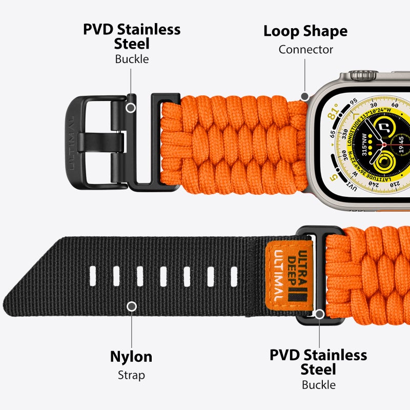 ULTIMAL Band Compatible with Apple Watch 49mm/45mm/44mm/42mm, Braided Nylon Paracord Strap for Sports Outdoors with Adjustable Buckle for Series 1/2/3/4/5/6/SE/7/8/9/Ultra 2/1 (45mm/44mm/42mm, Orange) - Image 2