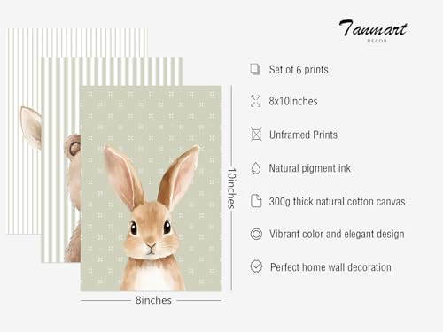 Tanmart Woodland Animal Nursery Wall Art Decor Baby Kids Canvas Poster Safari Animal Wall Decor Jungle Forest Prints Bear Fox Deer Pictures Sage Green Painting Neutral Artwork for Bedroom 8x10x6 Inch Unframed - Image 3