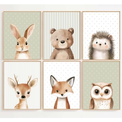 Tanmart Woodland Animal Nursery Wall Art Decor Baby Kids Canvas Poster Safari Animal Wall Decor Jungle Forest Prints Bear Fox Deer Pictures Sage Green Painting Neutral Artwork for Bedroom 8x10x6 Inch Unframed - Image 1
