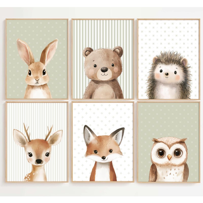 Tanmart Woodland Animal Nursery Wall Art Decor Baby Kids Canvas Poster Safari Animal Wall Decor Jungle Forest Prints Bear Fox Deer Pictures Sage Green Painting Neutral Artwork for Bedroom 8x10x6 Inch Unframed - Image 2