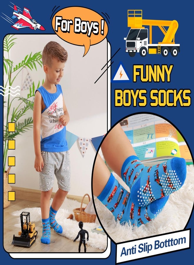 Welwoos Baby Boys Grips Socks Kids Toddlers Infants Non Slip Anti Skid Funny Animal Cartoon Gift Cotton Truck Socks with Grippers 12 Pairs Stocking Stuffers (Cars,3-5 Y) - Image 5
