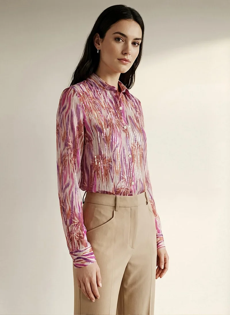 جلو باص Globus Women Multicolour Spread Collar Abstract Print Sequinned Detail Cuffed Sleeves Oversized Georgette Party Shirt