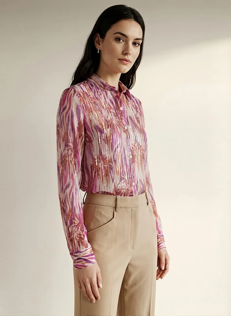 جلو باص Globus Women's Multi Party Shirt with Spread Collar and Abstract Print Embellishment Detail