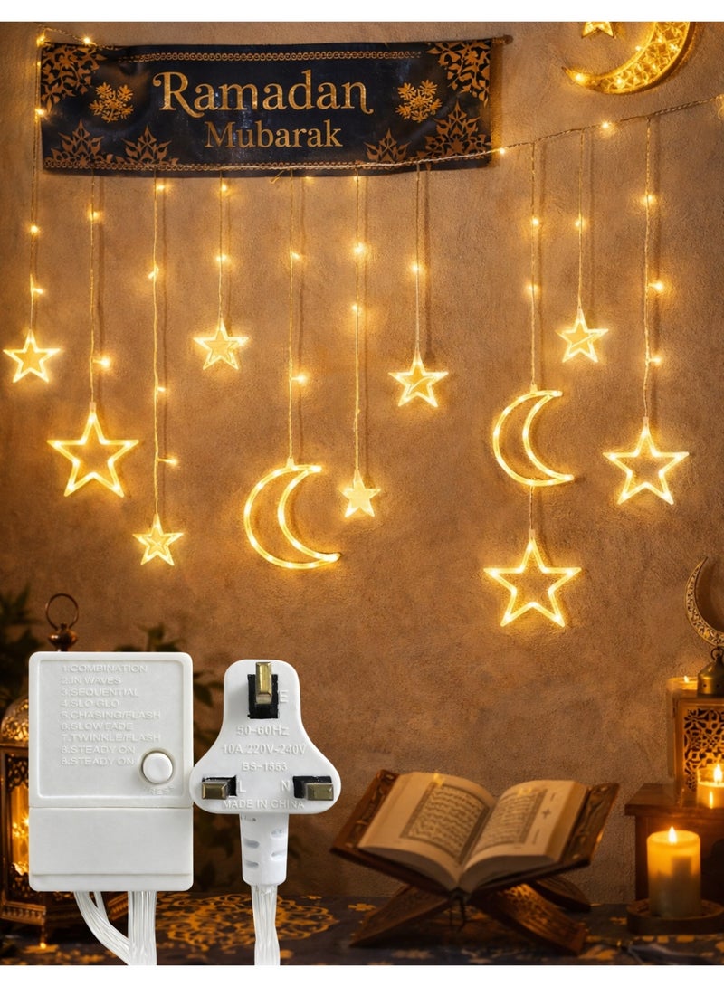 F.A.M.S Ramadan Curtain LED Lights – Moon & Star Warm White Fairy Lights with 8 Lighting Modes, UK Plug, Decorative Wall Hanging Lights for Home, Eid & Ramadan Decor - Image 1