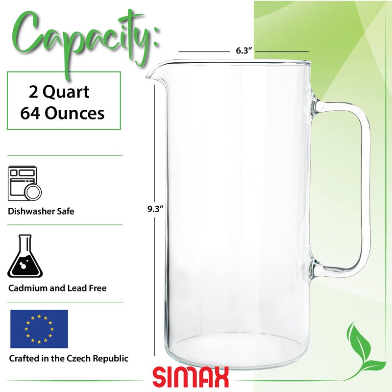 Simax Glass Pitcher, 64 Ounce (2 Quart) Borosilicate Glass, Made in Europe Hot and Cold Safe Iced Tea Pitchers for Drinks, Water, Lemonade Pitcher, Cocktail Jug, Sangria Pitchers - Image 2