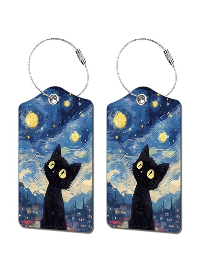 BestEioyo 2 Pack Luggage Tag for Suitcase, Cute Unique Leather Bag Tags Identifiers Privacy Cover ID Label with Durable Steel Loop for Women Men Kids Girls Travel, Black cat Sky - Image 1