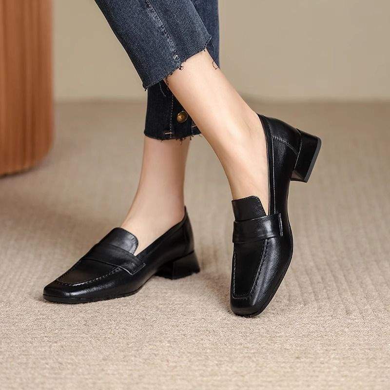 Soft Leather Loafers For Women 2025 Spring And Autum New British Style Small Leather Shoes For Women Super Soft One-Legged Versatile Thick Heel Shoes - Image 5