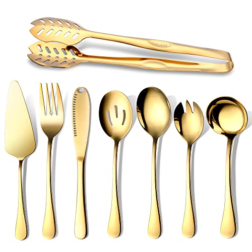 OGORI Gold Serving Utensils, OGORI 8-Piece Polished Stainless Steel Flatware Silverware Set Include Serving Spoon, Slotted Spoon, Cake Server, Soup Ladle, Fork, Salad Fork, Butter Knife, Serving Tong - Image 1