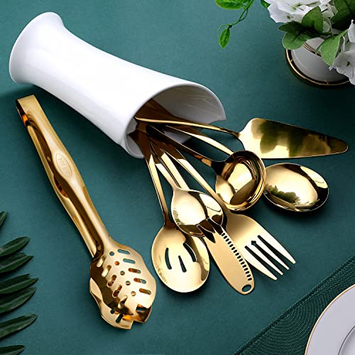 OGORI Gold Serving Utensils, OGORI 8-Piece Polished Stainless Steel Flatware Silverware Set Include Serving Spoon, Slotted Spoon, Cake Server, Soup Ladle, Fork, Salad Fork, Butter Knife, Serving Tong - Image 5