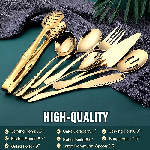 OGORI Gold Serving Utensils, OGORI 8-Piece Polished Stainless Steel Flatware Silverware Set Include Serving Spoon, Slotted Spoon, Cake Server, Soup Ladle, Fork, Salad Fork, Butter Knife, Serving Tong - Image 2
