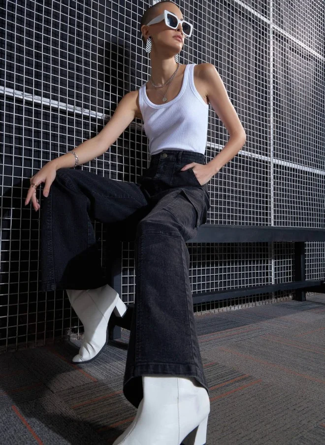 SASSAFRAS High-Rise Black Cargo Jeans for Women