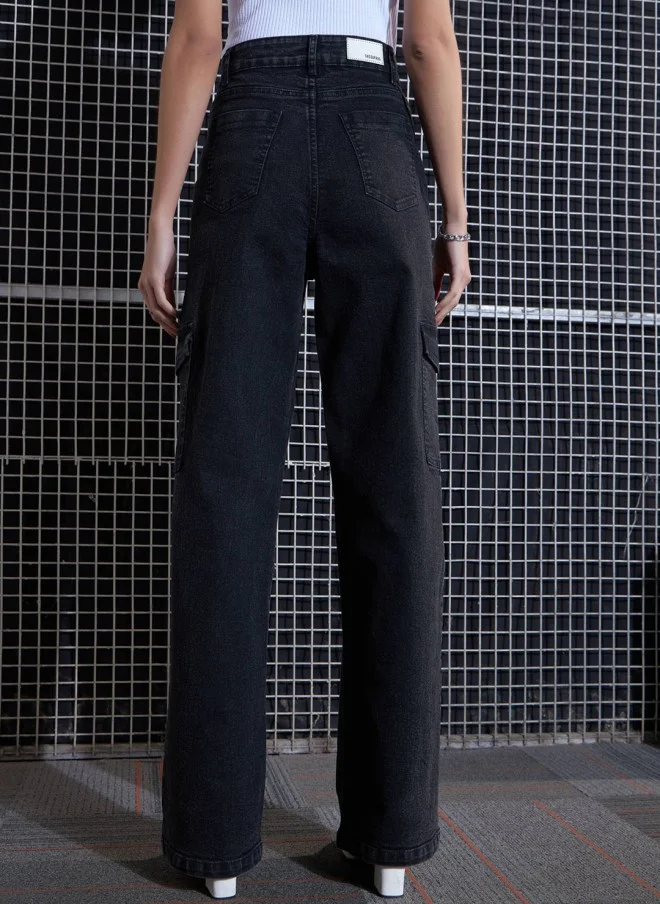 SASSAFRAS High-Rise Black Cargo Jeans for Women