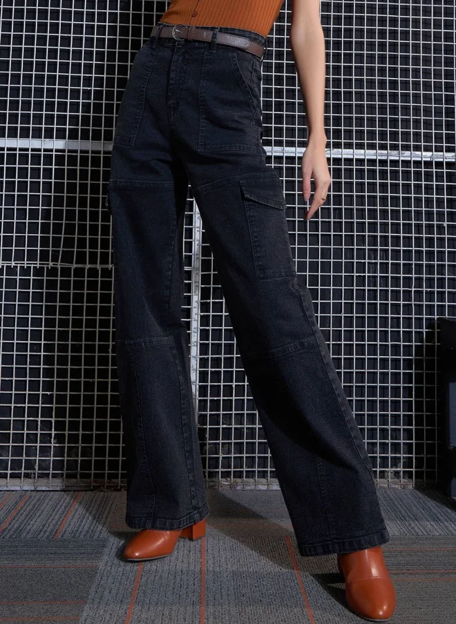 SASSAFRAS High-Rise Black Cargo Jeans for Women