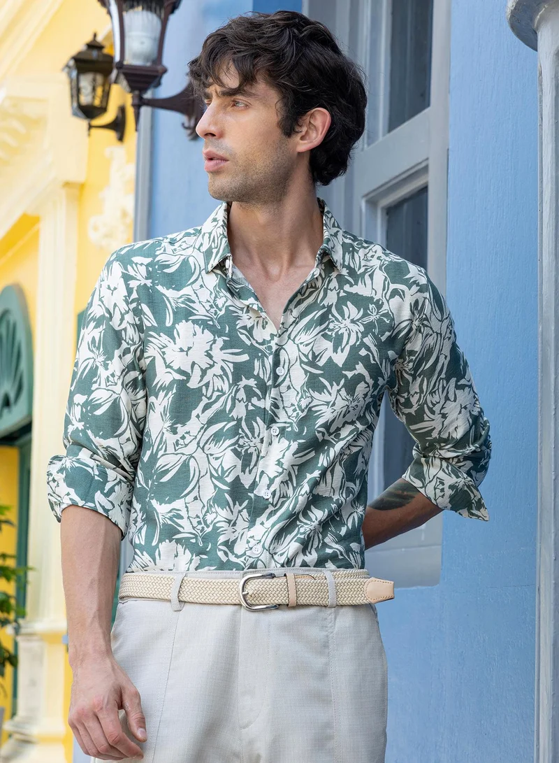 CAHOOT Men's Green Printed Regular Shirt For Casual Wear | Collared Neck | Long Sleeve | Button Closure | Cotton Blend Shirt Crafted With Comfort Fit For Everyday Wear