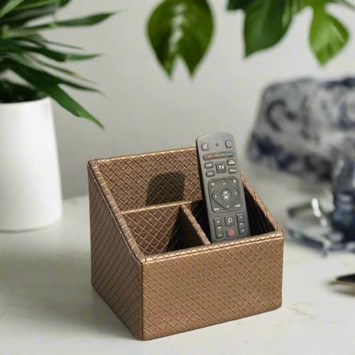MASON HOME Vegan Leather & Mdf Braided Brown Remote Holder - 1Pc - L 6.25" x B 5" x H 5"|Decorative Multifunctional Space Saving Organizer Stand|Rom - Table - Desk|AC TV Controller-Gadgets,Stationary - Image 1