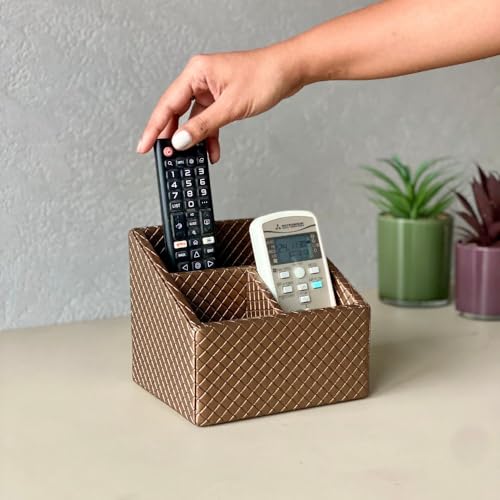 MASON HOME Vegan Leather & Mdf Braided Brown Remote Holder - 1Pc - L 6.25" x B 5" x H 5"|Decorative Multifunctional Space Saving Organizer Stand|Rom - Table - Desk|AC TV Controller-Gadgets,Stationary - Image 2