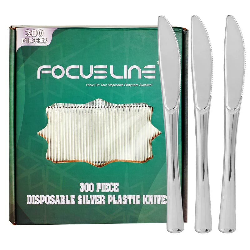 FOCUSLINE 300 عبوة سكاكين بلاستيكية فضية قابلة للتصرف متينة وقوية للاستخدام الثقيل لمناسبات تقديم الطعام الحفلات العشاء الزفاف