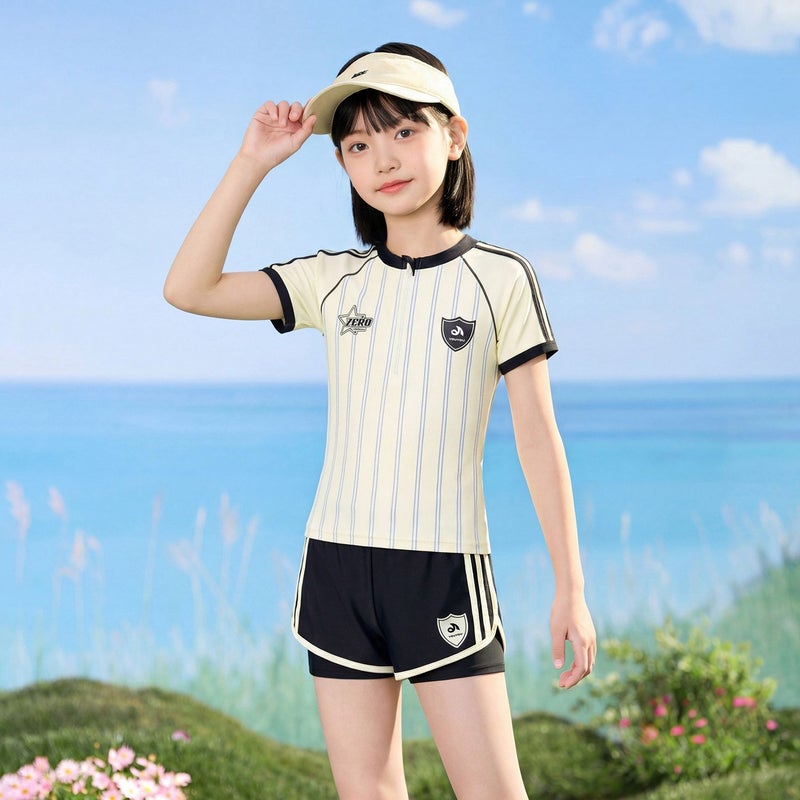 YouYou Girls' Two-Piece Swimsuit Striped Color-Block Campus Style 2026 New for Kids Swimwear