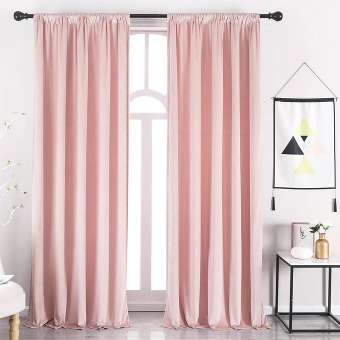 PINK VELVET CURTAINS ROD POCKET 52 INCHES WIDE 120 INCHES LONG LIGHT BLOCKING WINDOW CURTAIN PANELS SET OF 2 HEAT INSULATED CURTAINS
