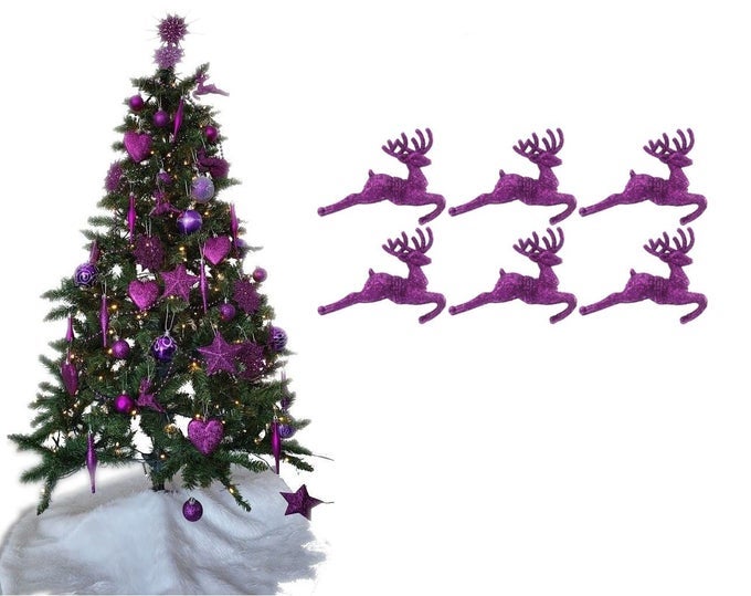 PACK OF 6 HANGING GLITTER REINDEER CHRISTMAS TREE DECORATIONS 22CM X 95CM DARK PURPLE