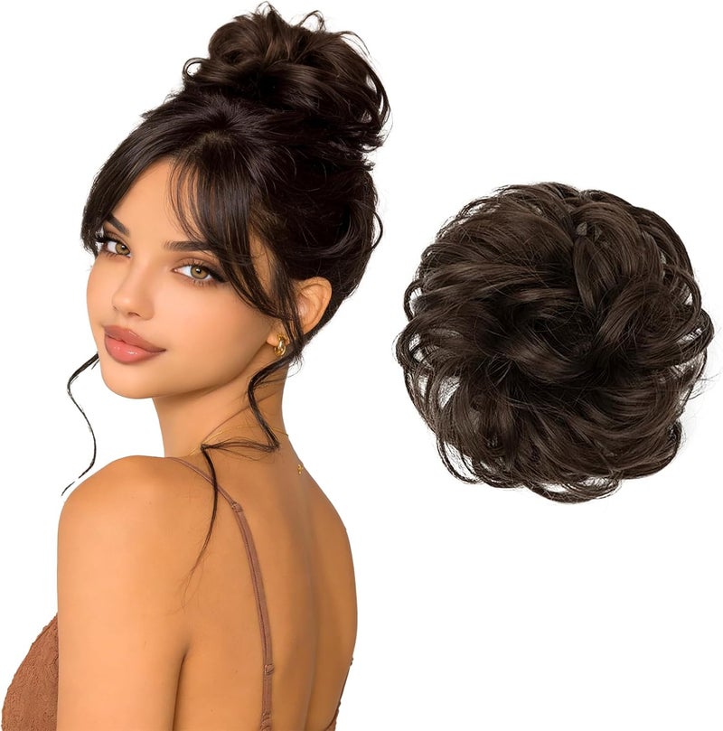 بارسدار 100% رباطات شعر من الشعر البشري، بارسدار خصلات شعر كثيفة مجعدة فوضوية قطع شعر إضافية لتصفيفات شعر الزفاف للنساء والأطفال كعكة الشعر الفوضوية من الشعر الحقيقي كعكات الشعر الدونات 2# بني داكن 32 جرام - Image 1