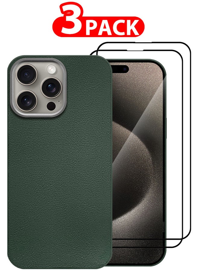 CATANES (for iPhone 15 Pro Max) 3 Pack Case Cover and 2 Screen Protectors Leather Case with Lens Frame Shockproof Full Body Protective Cover Green - Image 1
