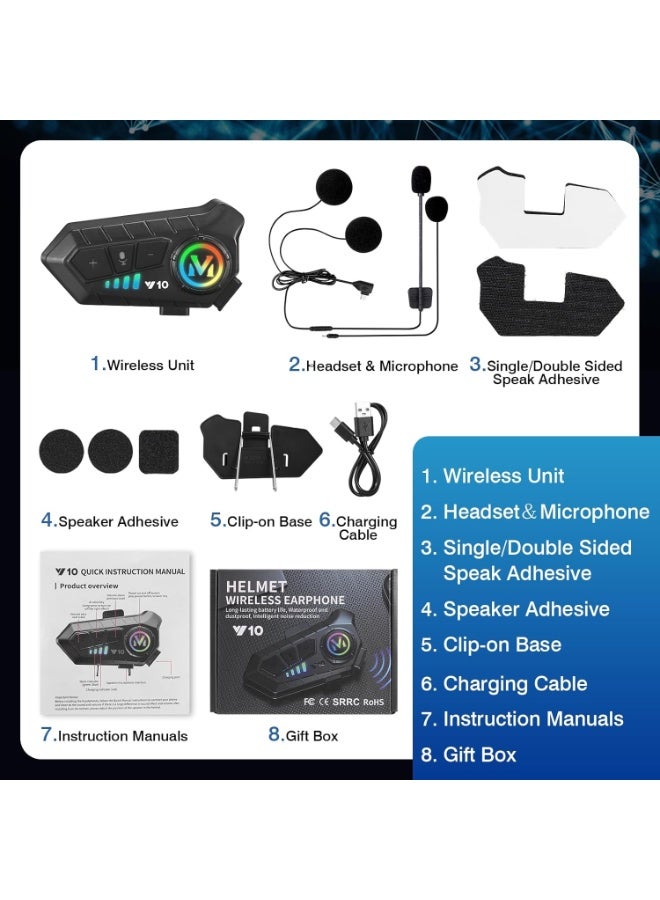 V10 Motorcycle Helmet Speakers High Battery Life Helmet Headphone IPX6 Automatic Answer/Call Music Control/Intelligent Noise/Wake up Siri, 2 Different Types of Mic - Compatible with All Helmets - Image 5