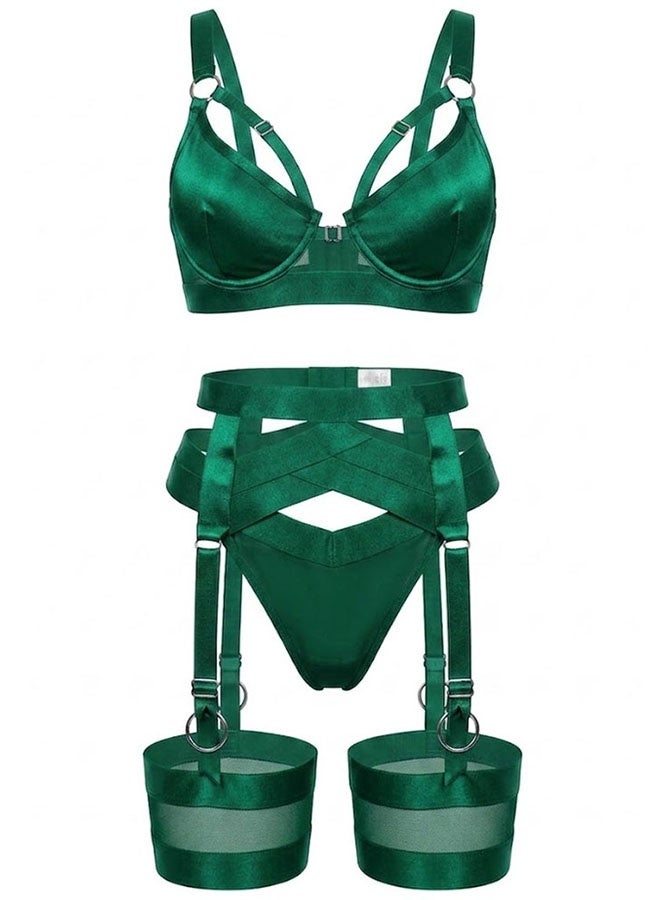 MARGOUN Women's 4-Piece Strappy Lingerie Set with Garter Belt, Underwire Strappy Bra, Cutout High-Waisted Cincher, Thong, and Thigh-High Stockings Exotic Underwear Ensemble - Green - Image 3
