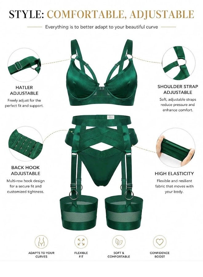 MARGOUN Women's 4-Piece Strappy Lingerie Set with Garter Belt, Underwire Strappy Bra, Cutout High-Waisted Cincher, Thong, and Thigh-High Stockings Exotic Underwear Ensemble - Green - Image 5