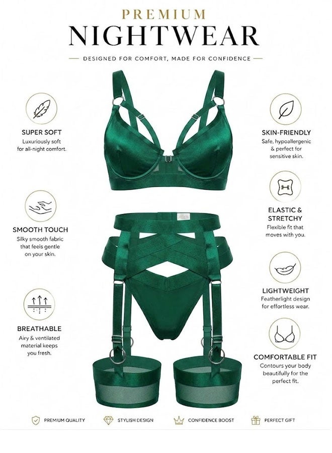 MARGOUN Women's 4-Piece Strappy Lingerie Set with Garter Belt, Underwire Strappy Bra, Cutout High-Waisted Cincher, Thong, and Thigh-High Stockings Exotic Underwear Ensemble - Green - Image 2