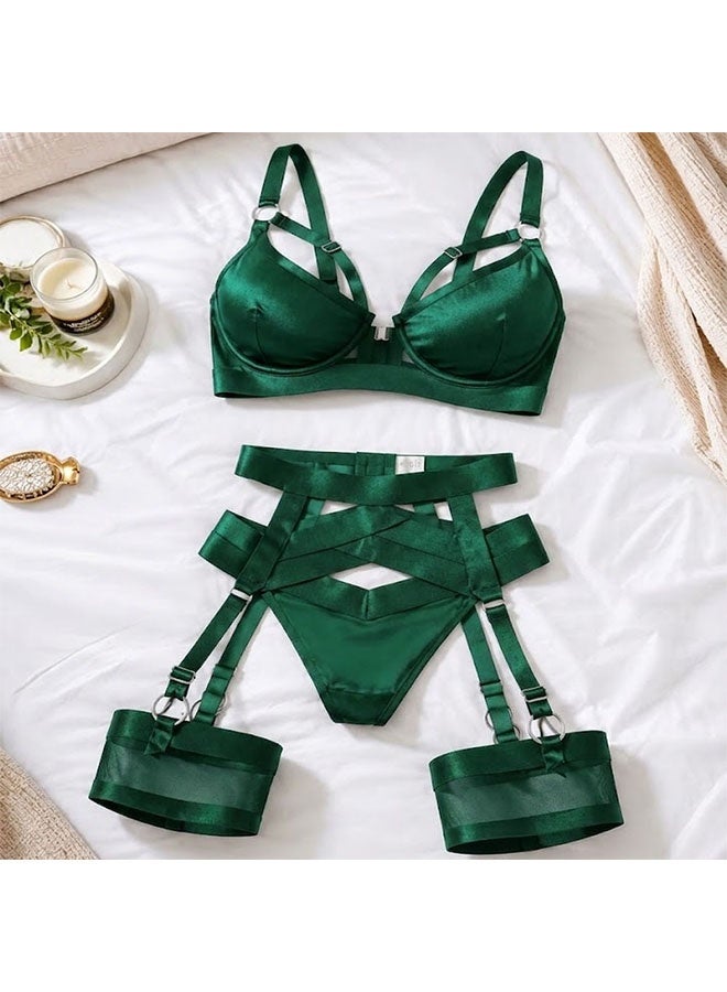 MARGOUN Women's 4-Piece Strappy Lingerie Set with Garter Belt, Underwire Strappy Bra, Cutout High-Waisted Cincher, Thong, and Thigh-High Stockings Exotic Underwear Ensemble - Green - Image 4