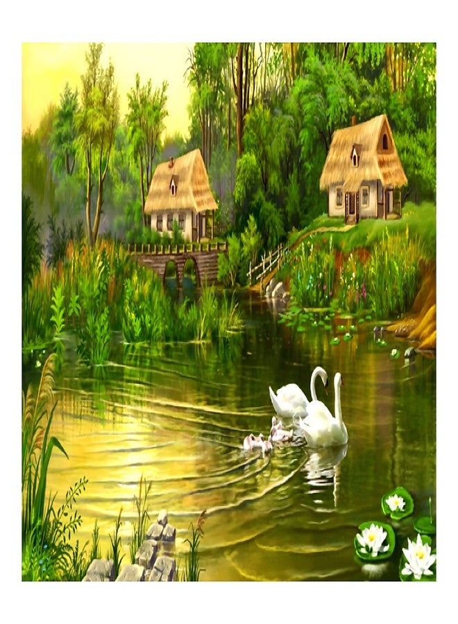 My D SQUARE Nature Poster Serene Village Pond Landscape Art Swans with Cygnets Thatched Cottages Wall Paper for Living Room Bedroom Office Size 24 x 18 Inch Self Strong - Adhesive Vinyl (NW123m) - Image 1