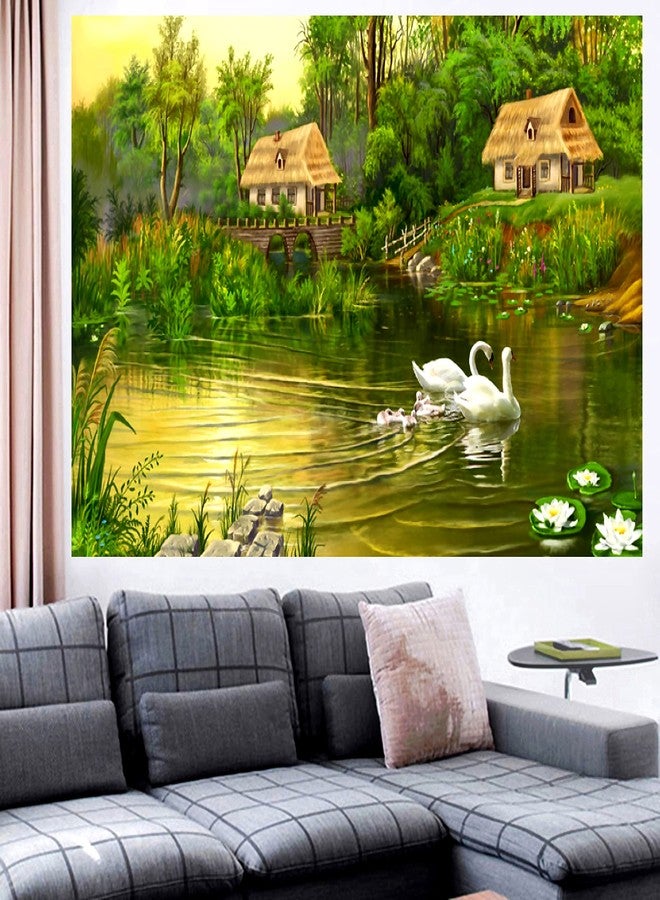 My D SQUARE Nature Poster Serene Village Pond Landscape Art Swans with Cygnets Thatched Cottages Wall Paper for Living Room Bedroom Office Size 24 x 18 Inch Self Strong - Adhesive Vinyl (NW123m) - Image 2