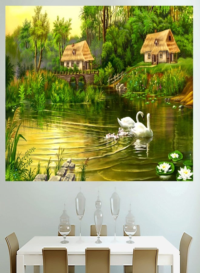 My D SQUARE Nature Poster Serene Village Pond Landscape Art Swans with Cygnets Thatched Cottages Wall Paper for Living Room Bedroom Office Size 24 x 18 Inch Self Strong - Adhesive Vinyl (NW123m) - Image 3