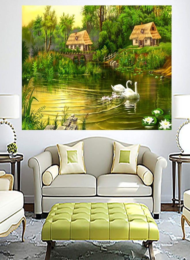 My D SQUARE Nature Poster Serene Village Pond Landscape Art Swans with Cygnets Thatched Cottages Wall Paper for Living Room Bedroom Office Size 24 x 18 Inch Self Strong - Adhesive Vinyl (NW123m) - Image 4