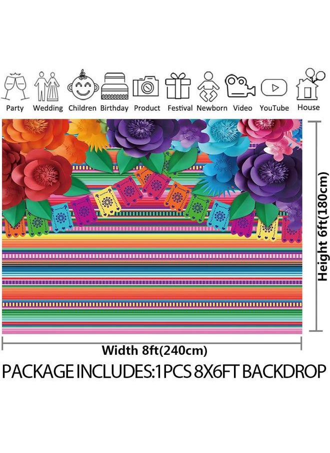 CGXINS - 8x6ft Mexican Fiesta Backdrop for Mexican Party Decor Cinco De Mayo Photo Background Floral Stripes Flags Birthday Party Banner Supplies Photo Booth - Image 1